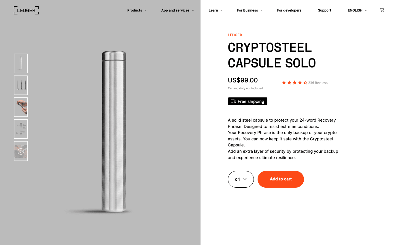 Cryptosteel Seed24 Max Solo - Sauvegarde Physique Pour Phrase De Récupération Crypto (24 Mots) - Résistant Au Feu Et à L'eau