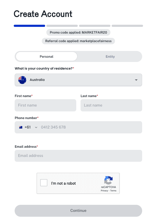Swyftx referral code MARKETFAIR20 automatically applied on the sign-up page for a $20 free Bitcoin bonus