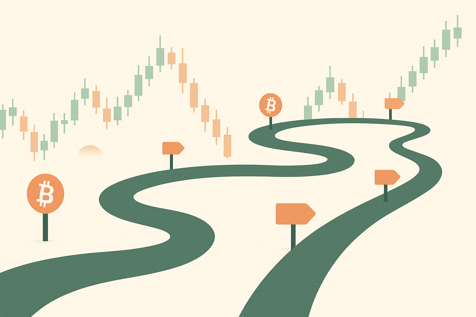Illustration of a winding road with marked exit points over a candlestick chart, representing planning crypto exits in advance