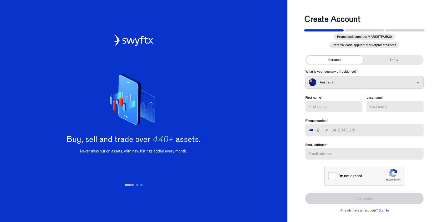 Swyftx create account page with promo code MARKETFAIR20 and referral code marketplacefairness applied