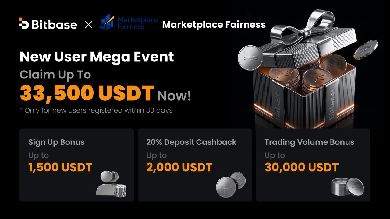 Bitbase x Marketplace Fairness New User Mega Event, claim up to 33,500 USDT in signup, deposit cashback and trading volume bonuses