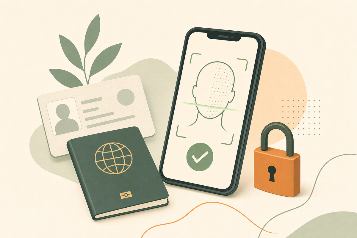 An ID card, passport and a phone showing a face scan with a tick, representing identity verification