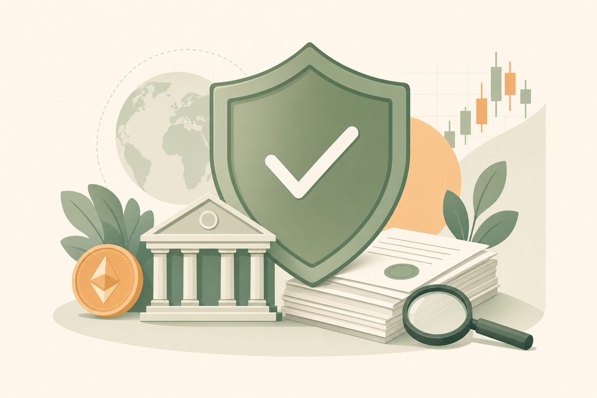 A shield with a tick over a government building and financial documents, representing regulatory oversight
