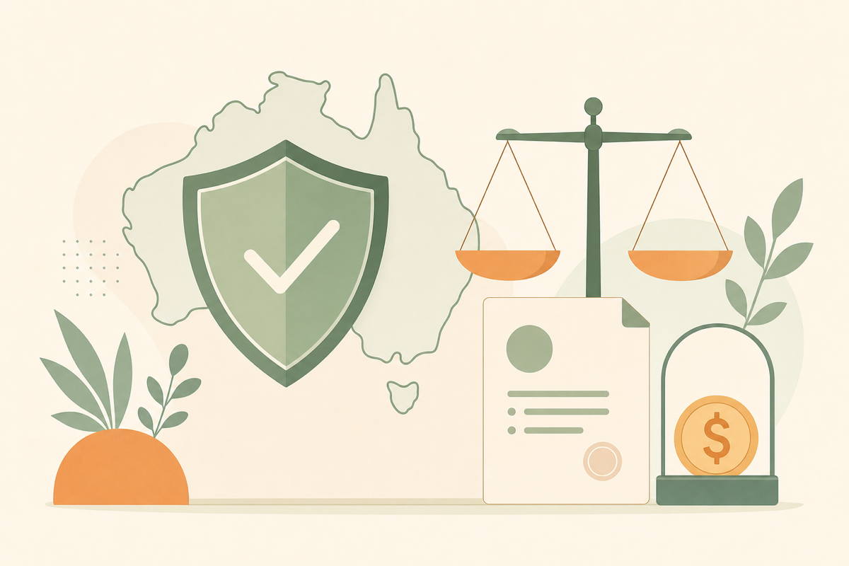 A shield and tick over an outline of Australia, with balance scales, a licence document and a protected AUD coin