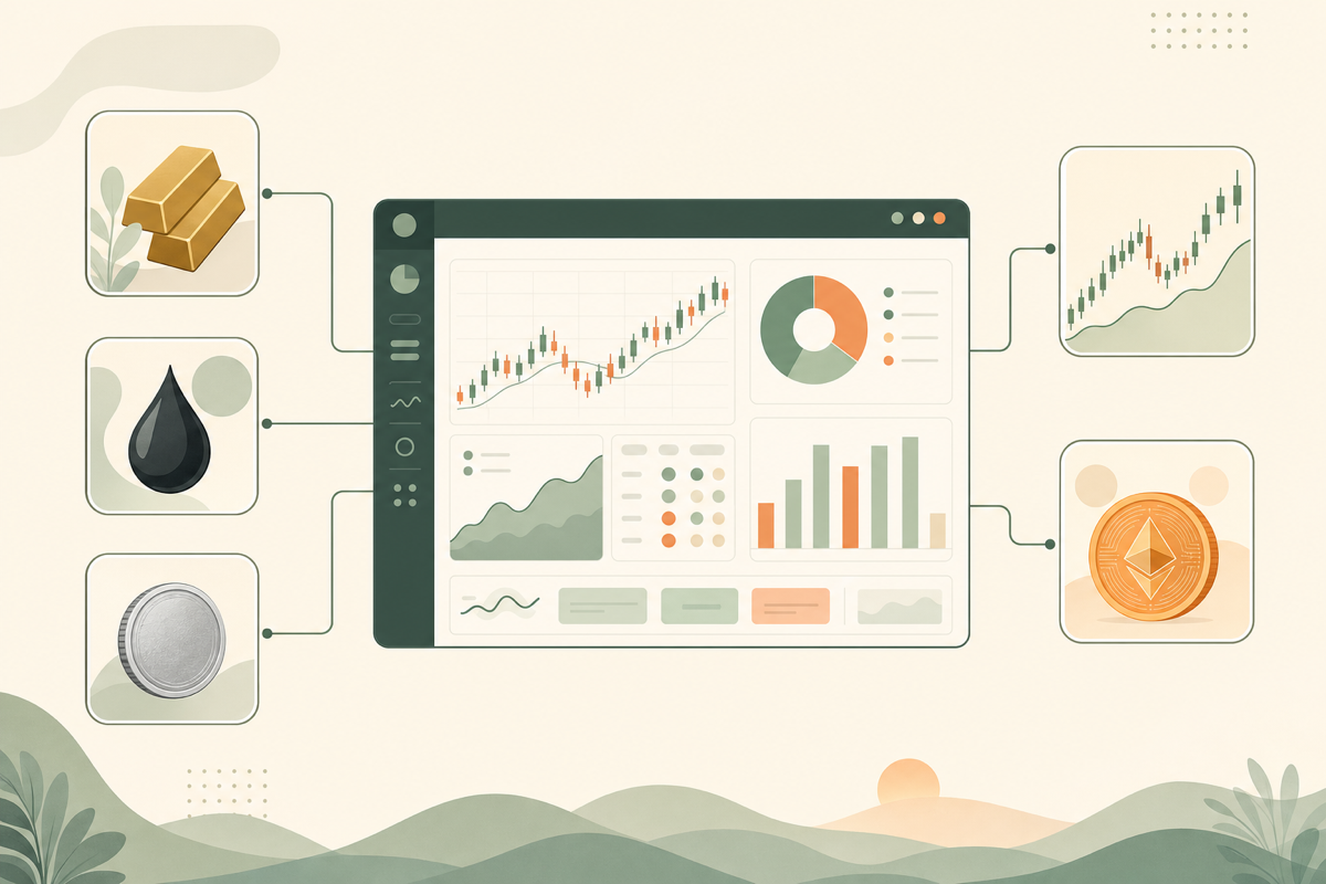 A trading dashboard linked to gold, oil, silver, stock-chart and crypto asset tiles