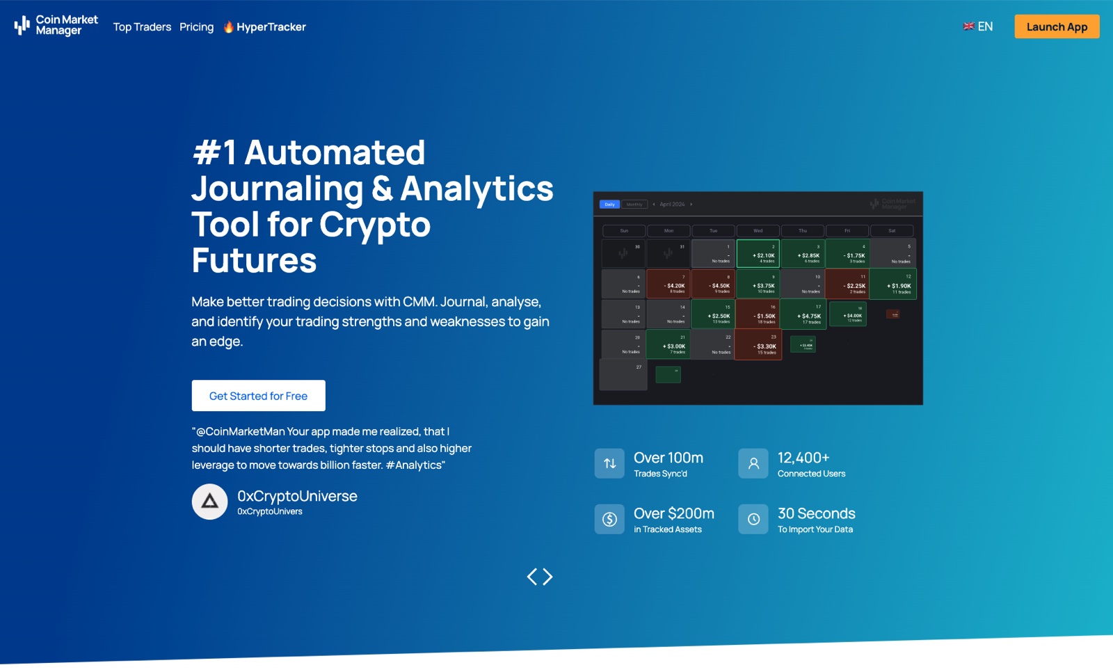 coin market manager Coin Market Manager homepage showing its automated crypto futures trading journal and analytics