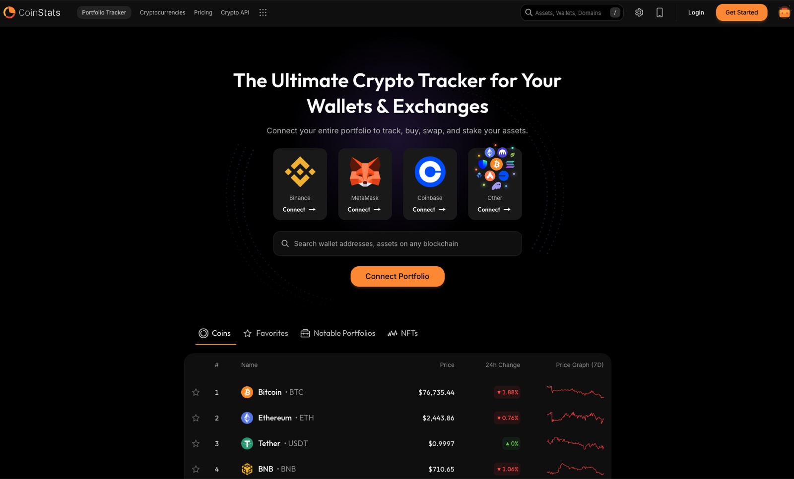 CoinStats CoinStats portfolio tracker homepage showing wallet and exchange connections with live crypto prices