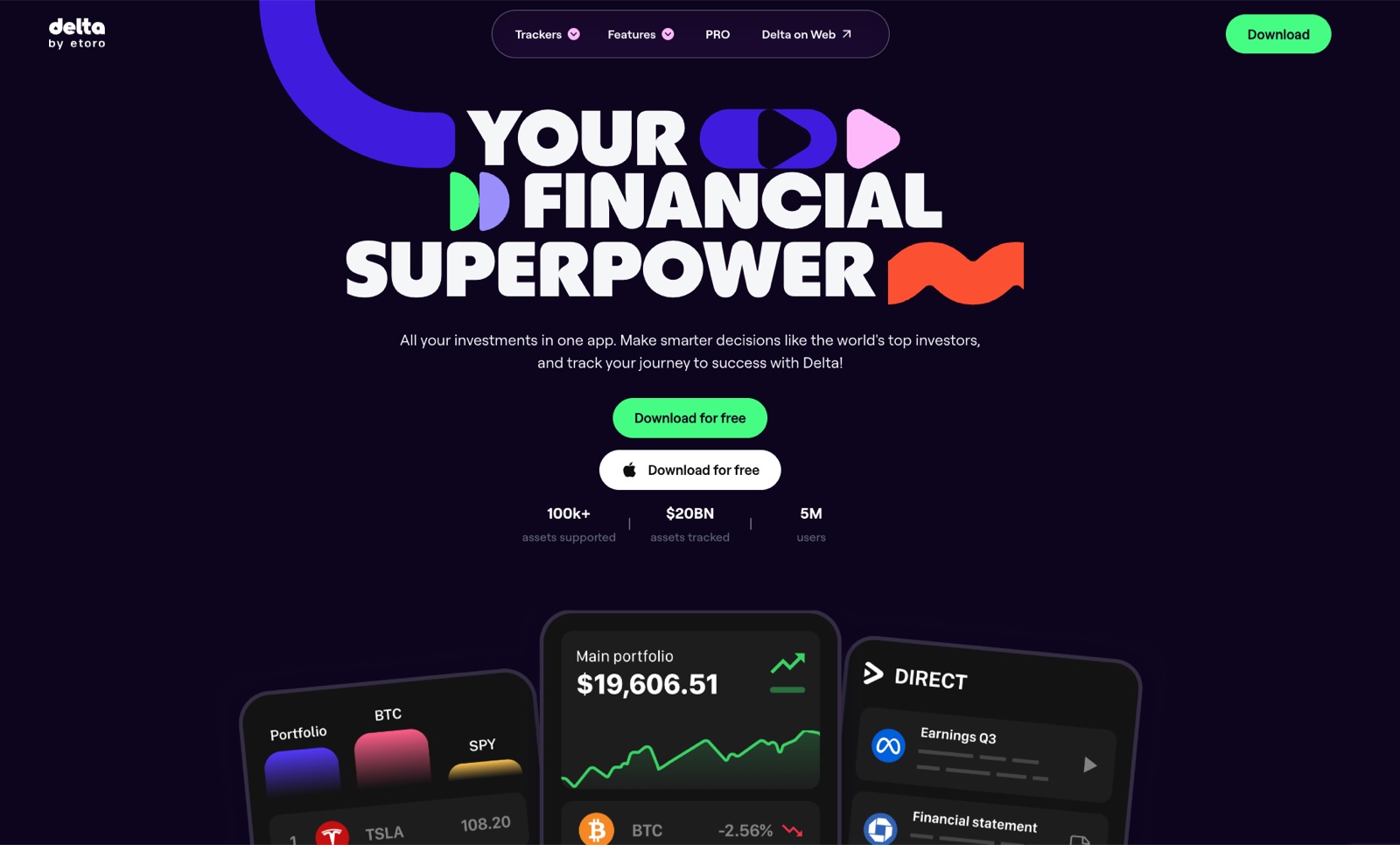 delta app Delta by eToro investment tracker homepage showing portfolio tracking across crypto and stocks