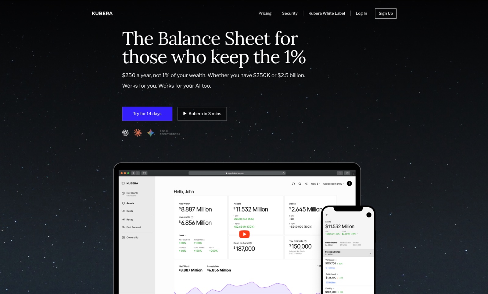 kubera Kubera net worth tracker homepage showing a net worth dashboard on desktop and mobile